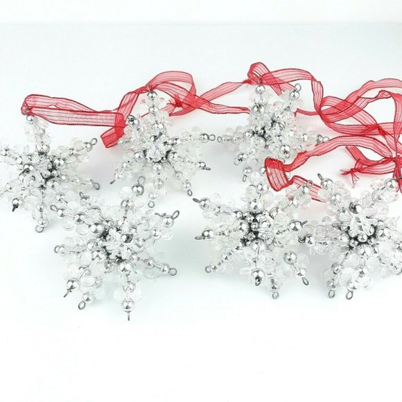Beaded Snowflake Christmas Ornaments Silver Clear Set Of 6 - Picture 1 of 12